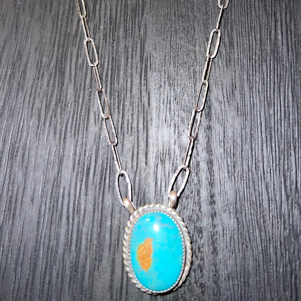18” Bisbee Turquoise Oxidized Sterling Silver Necklace Signed EE